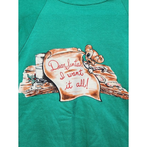 Vintage Christmas Graphic "Santa, I Want It Now" Crewneck Sweatshirt Small Green - Picture 2 of 6